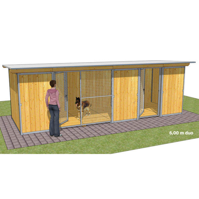 Chenil en bois - 2 x 6 m - 2 portes - PROTECTION INTEGRALE pour chien & chat