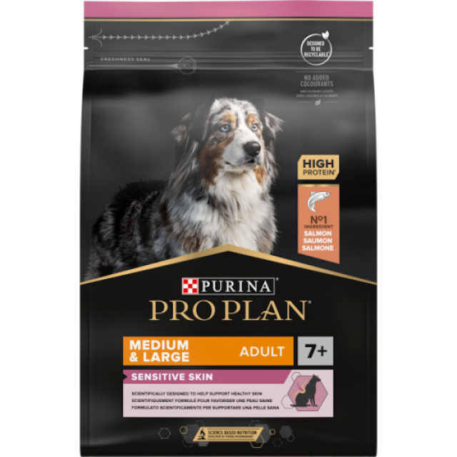 Croquettes Pro Plan chien Senior OptiDerma M/L Sensitive skin au saumon sac de 14 kg